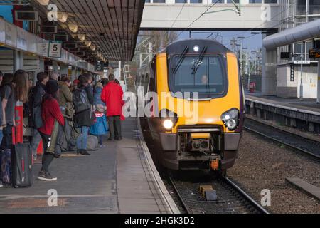 Crosscountry Trains  Bombardier diesel Voyager train arriving at a crowded platform at Wolverhampton railway station on the west coast mainline Stock Photo