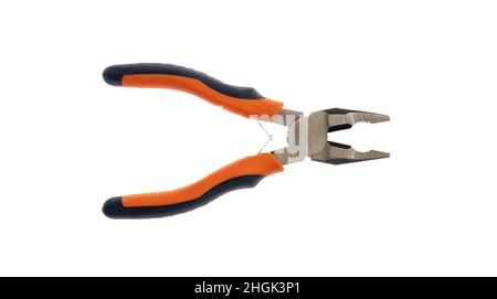 Pliers, work tool. Rubber handle new combination pliers isolated cut out on white background, design element. Stock Photo