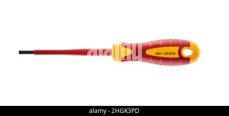 Screw drive tool isolated on white background. Screwdriver, new with rubber red and yellow handle, design element. Stock Photo