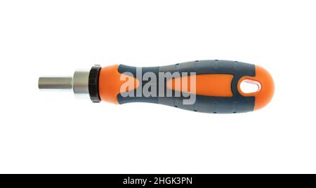 Screw drive tool isolated on white background. Adjustable Torque screwdriver, new with rubber black and orange handle, design element. Stock Photo