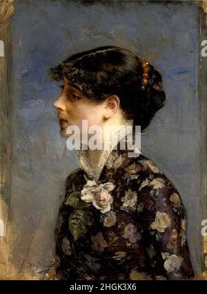 Boldini Giovanni - Private Collection - Busto di giovane bruna di profilo a sinistra, la camicetta a fiori - 1881c. - oil on canvas 65 x 54 cm - Stock Photo