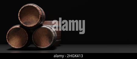 Oak wood barrel, wine beer storage. Wooden alcohol barrel on dark background copy space, front view. 3d render Stock Photo