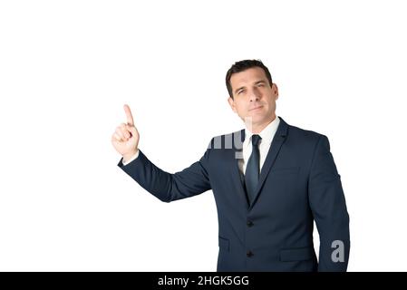 Attractive businessman pointing his finger upward with intent to show something good. White background Stock Photo