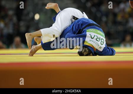 Brazil's judoka Mayra Aguiar wins bronze medal, judo 78kg at Rio 2016 Olympic Games. Brazilian champion beats half-heavyweight cuban Yalennis Castillo Stock Photo