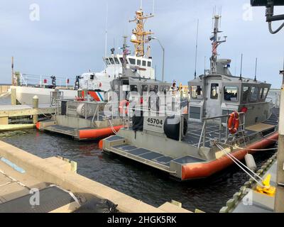 Crews stand by at U.S. Coast Guard Station Dauphin Island in Alabama Aug. 28, 2021, ahead of significant regional weather. U.S. Coast Guard crews and assets are taking steps to prepare for Hurricane Ida. Stock Photo