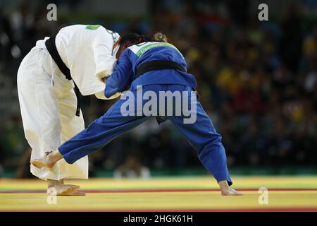 Brazil's judoka Mayra Aguiar wins bronze medal, judo 78kg at Rio 2016 Olympic Games. Brazilian champion beats half-heavyweight cuban Yalennis Castillo Stock Photo