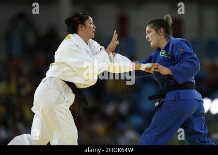 Brazil's judoka Mayra Aguiar wins bronze medal, judo 78kg at Rio 2016 Olympic Games. Brazilian champion beats half-heavyweight cuban Yalennis Castillo Stock Photo