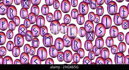 Pink runes seamless ethnic pattern. Runic alphabet, Futhark. Ancient norse occult symbols, black vikings letters carved in stone, rune font. Design fo Stock Vector