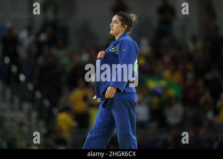 Brazil's judoka Mayra Aguiar wins bronze medal, judo 78kg at Rio 2016 Olympic Games. Brazilian champion beats half-heavyweight cuban Yalennis Castillo Stock Photo