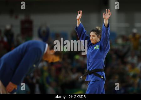 Brazil's judoka Mayra Aguiar wins bronze medal, judo 78kg at Rio 2016 Olympic Games. Brazilian champion beats half-heavyweight cuban Yalennis Castillo Stock Photo