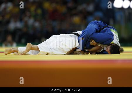 Brazil's judoka Mayra Aguiar wins bronze medal, judo 78kg at Rio 2016 Olympic Games. Brazilian champion beats half-heavyweight cuban Yalennis Castillo Stock Photo