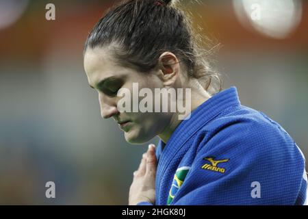 Brazil's judoka Mayra Aguiar wins bronze medal, judo 78kg at Rio 2016 Olympic Games. Brazilian champion beats half-heavyweight cuban Yalennis Castillo Stock Photo