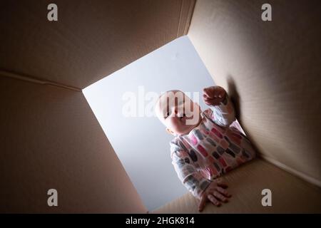 Happy baby into parcel cardboard box and smiling. Stock Photo
