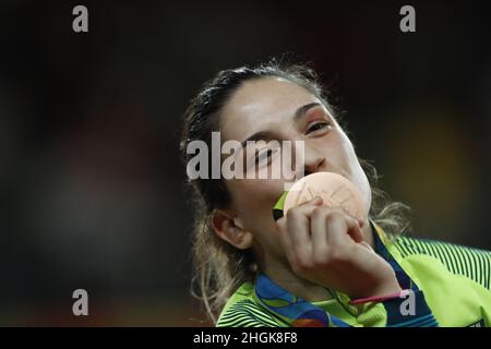 Brazil's judoka Mayra Aguiar wins bronze medal, judo 78kg at Rio 2016 Olympic Games. Brazilian champion beats half-heavyweight cuban Yalennis Castillo Stock Photo