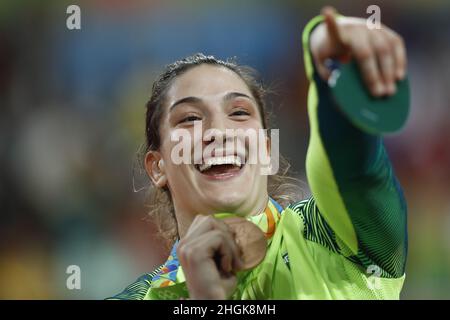 Brazil's judoka Mayra Aguiar wins bronze medal, judo 78kg at Rio 2016 Olympic Games. Brazilian champion beats half-heavyweight cuban Yalennis Castillo Stock Photo