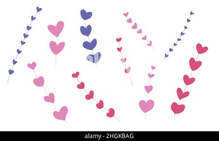 Pink flowers or branches made of hearts with love. Set of heart shaped plants in cute romantic colors for valentines day Stock Vector