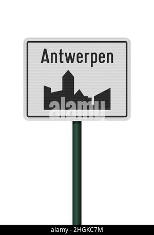 Vector illustration of the City of Antwerp (Antwerpen in Dutch) white road sign on green metallic post Stock Vector