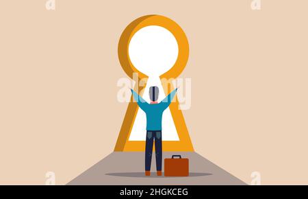 Man enter gate with door key and hand open future. People unlock chest and success way vector illustration concept. Career chance on business and hole Stock Vector