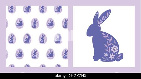 Happy Easter. Easter bunnies in eggs are decorated flowers. Seamless pattern in flat style. Very Peri color Stock Vector