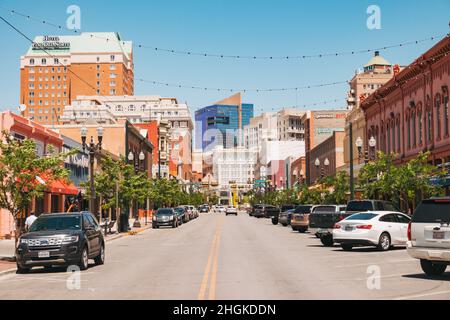 Amongst the brick and glass buildings downtown in the city of El Paso, Texas, USA Stock Photo