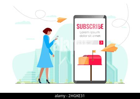 Subscribe on newsletter online service mobile app design template. E-mail subscription form on smartphone screen. Paper planes with message, mail and news fly to phone. Vector eps woman mailing Stock Vector