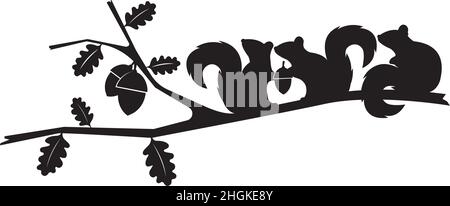 Squirrels silhouettes on branch vector. Three squirrels silhouettes, wall decals. Art decoration, wall decor. Squirrels silhouettes on branch isolated Stock Vector