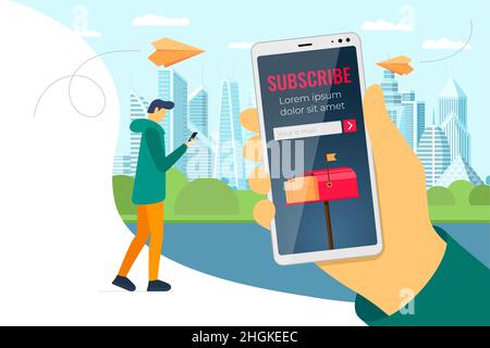 Subscribe on newsletter online service mobile app design template. E-mail subscription form on smartphone screen. Paper planes with message, mail and news fly to phone. Vector eps man mailing Stock Vector