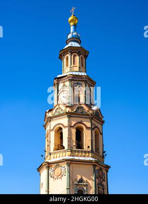 Cathedral of Saints Peter and Paul, luxury bell tower, Kazan, Tatarstan, Russia. It is tourist attraction of Kazan. Ornate Russian Orthodox church, be Stock Photo