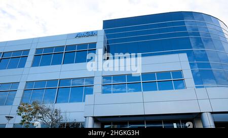 Exterior of Amgen South San Francisco, California, USA; biopharmaceutical company office building in Silicon Valley. Stock Photo