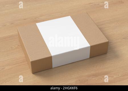 Flat box mock up with blank paper cover label: cardboard gift box on wooden background. Side view Stock Photo
