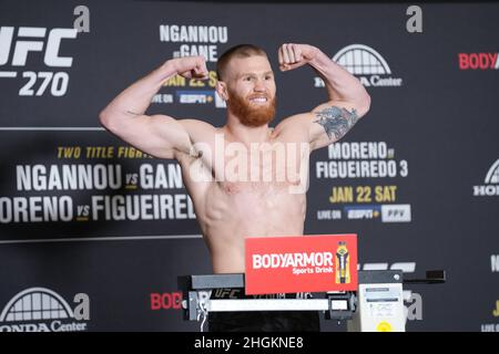 Anaheim, USA. 21st Jan, 2022. ANAHEIM, CA - January 21: Matt Frevola steps on the scale at Hilton Convention Center for UFC270 - Ngannou vs Gane - Official Weigh-in on January 21, 2022 in Anaheim, California, United States. (Photo by Louis Grasse/PxImages) Credit: Px Images/Alamy Live News Stock Photo