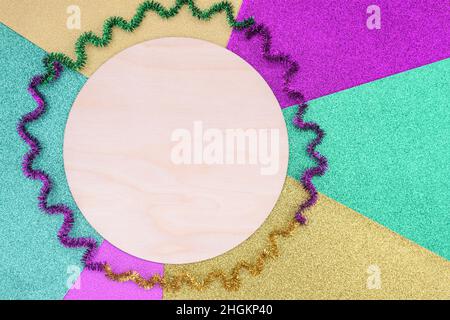 Mardi Gras Mockup. Wooden round sign template with copy space . Stock Photo