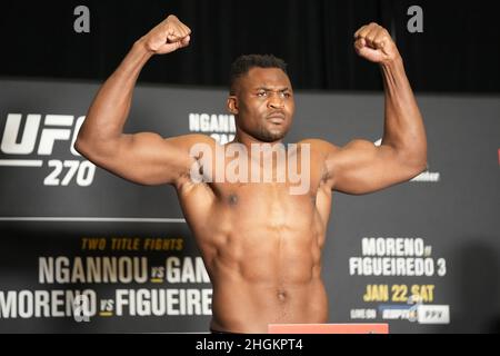 Anaheim, USA. 21st Jan, 2022. ANAHEIM, CA - January 21: Francis Ngannou steps on the scale at Hilton Convention Center for UFC270 - Ngannou vs Gane - Official Weigh-in on January 21, 2022 in Anaheim, California, United States. (Photo by Louis Grasse/PxImages) Credit: Px Images/Alamy Live News Stock Photo