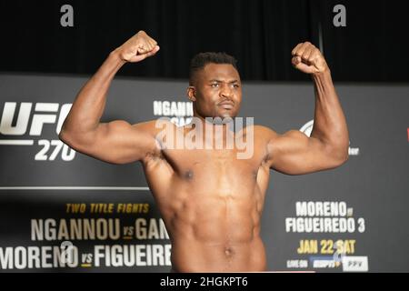 Anaheim, USA. 21st Jan, 2022. ANAHEIM, CA - January 21: Francis Ngannou steps on the scale at Hilton Convention Center for UFC270 - Ngannou vs Gane - Official Weigh-in on January 21, 2022 in Anaheim, California, United States. (Photo by Louis Grasse/PxImages) Credit: Px Images/Alamy Live News Stock Photo