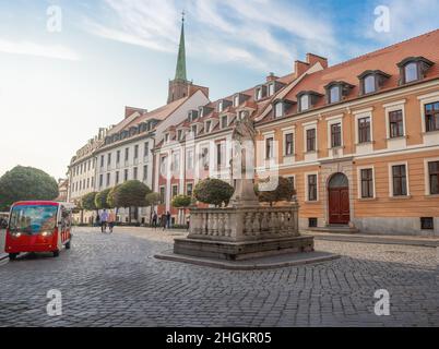 Statue of Our Lady Mother of God and Collegiate Church of the Holy Cross at Cathedral Island (Ostrow Tumski) - Wroclaw, Poland Stock Photo