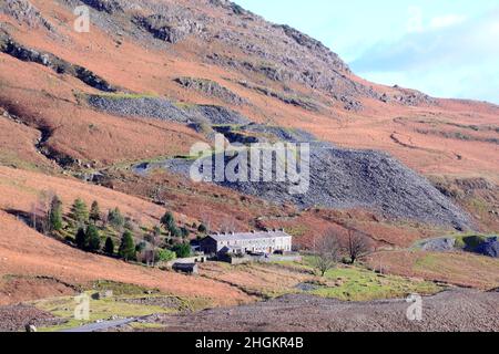 Miners cottages in the valley of Coniston Copper Mines, Lake District or Lakes, Cumbria, England, United Kingdom, British Isles, on a sunny day. Stock Photo