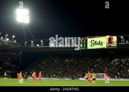 London, UK. 21st Jan, 2022. 21st January 2022: Vicarage Road, Watford, Herts, England; Premier League football, Watford versus Norwich City; The referee gives a minimum of 15 minutes of added time due to the electrical issues during the game Credit: Action Plus Sports Images/Alamy Live News Stock Photo