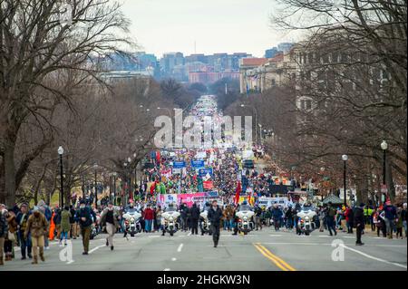 Participants in the 49th annual March for Life, a rally protesting the practice and legality of abortion, walk down Constitution Avenue in Washington DC, on January 22, 2022. Students from Christendom College in Front Royal, Virginia, held the banner. Credit: Bonnie Cash/CNP Stock Photo