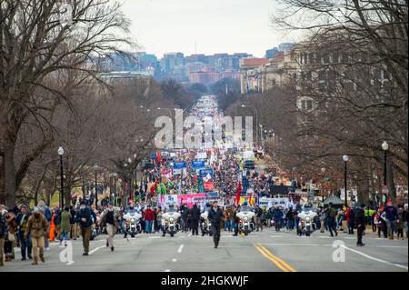 Participants in the 49th annual March for Life, a rally protesting the practice and legality of abortion, walk down Constitution Avenue in Washington DC, on January 22, 2022. Students from Christendom College in Front Royal, Virginia, held the banner. Credit: Bonnie Cash/CNP/MediaPunch Stock Photo