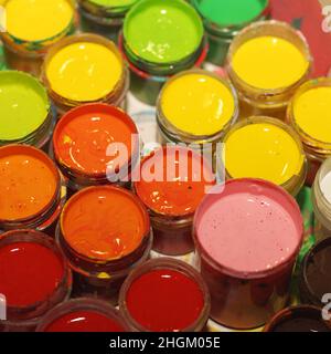 tubes of bright acrylic colors paints Stock Photo