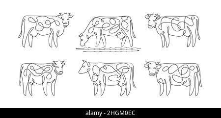 Cow icons. Outline set of farm cow vector icons in linear style isolated on white background Stock Vector