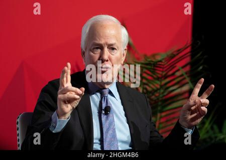 Austin, USA. 21st Jan, 2022. U.S. Senator John Cornyn, Republican of Texas, details his many criticisms of President Biden's administration during a keynote speech at the Texas Public Policy Foundation's annual policy conference. ©Bob Daemmrich Stock Photo