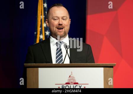 Austin, USA. 21st Jan, 2022. Greg Sindelar, CEO of the Texas Public Policy Foundation, speaks about the group's mission battling the Biden White House during TPPF's annual policy conference. ©Bob Daemmrich Stock Photo