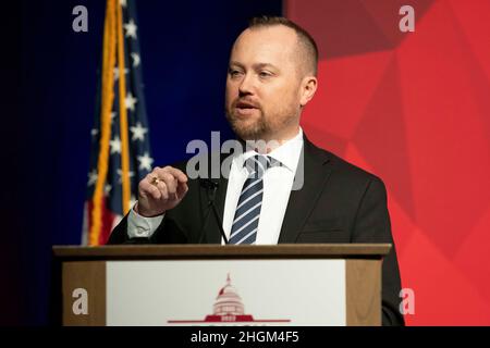 Austin, USA. 21st Jan, 2022. Greg Sindelar, CEO of the Texas Public Policy Foundation, speaks about the group's mission battling the Biden White House during TPPF's annual policy conference. ©Bob Daemmrich Stock Photo