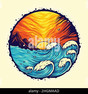 Beach Landscape Tropical Summer Vector illustrations for your work Logo, mascot merchandise t-shirt, stickers and Label designs, poster, greeting card Stock Vector
