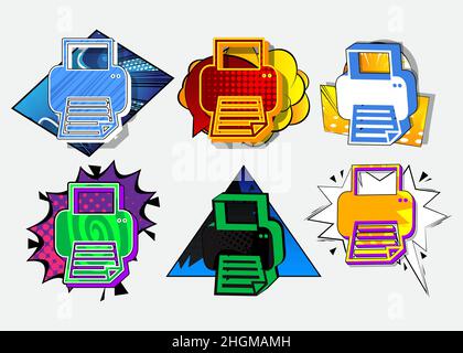 Printer icon, sign. Comic book word symbol on abstract comics background. Retro pop art style illustration. Print, printing business concept. Stock Vector
