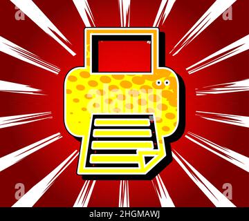Printer icon, sign. Comic book word symbol on abstract comics background. Retro pop art style illustration. Print, printing business concept. Stock Vector