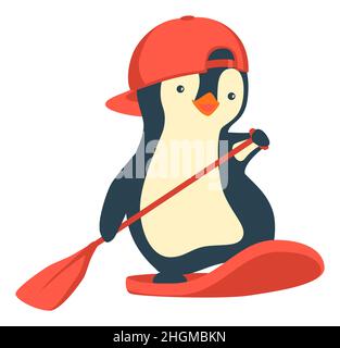 Penguin floating on SUP board. Paddle board Stock Vector