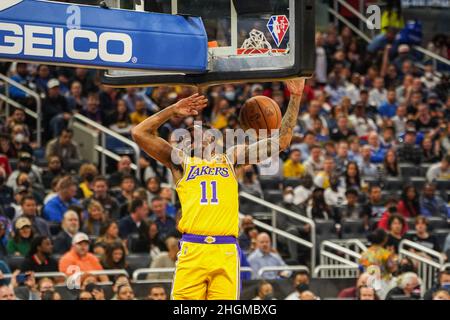 Orlando, Florida, USA, January 21, 2022, Los Angeles Lakers Shooting Guard Malik Monk  makes a dunk against the Orlando Magic at the Amway Center.  (Photo Credit:  Marty Jean-Louis) Credit: Marty Jean-Louis/Alamy Live News Stock Photo