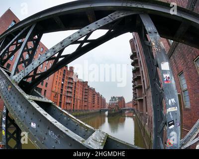 Hamburg warehouse district is a popular area in the city - CITY OF HAMBURG, GERMANY - DECEMBER 21, 2021 Stock Photo